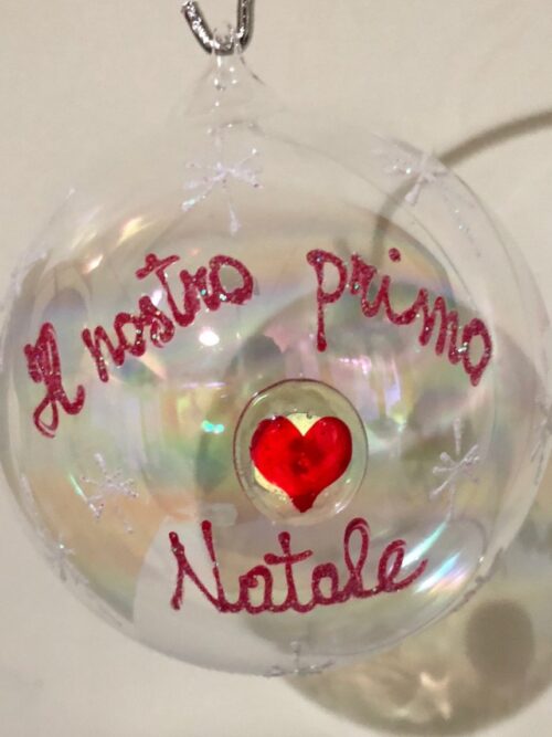 Pallina Natalizia in vetro con scritta " Il ns primo natale" per sposi