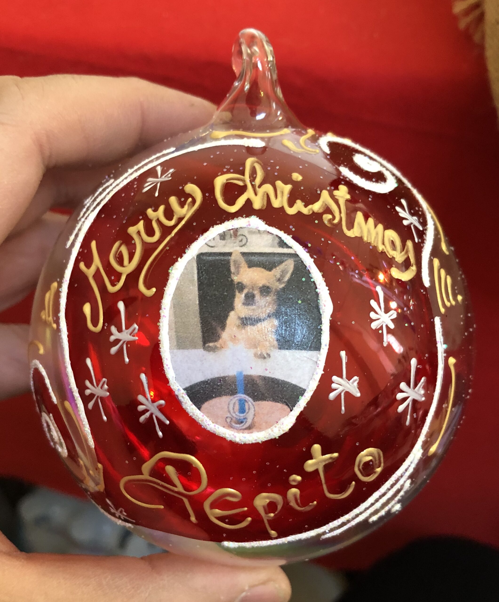 Pallina di Natale in vetro con gatto o cane, personalizzabile.